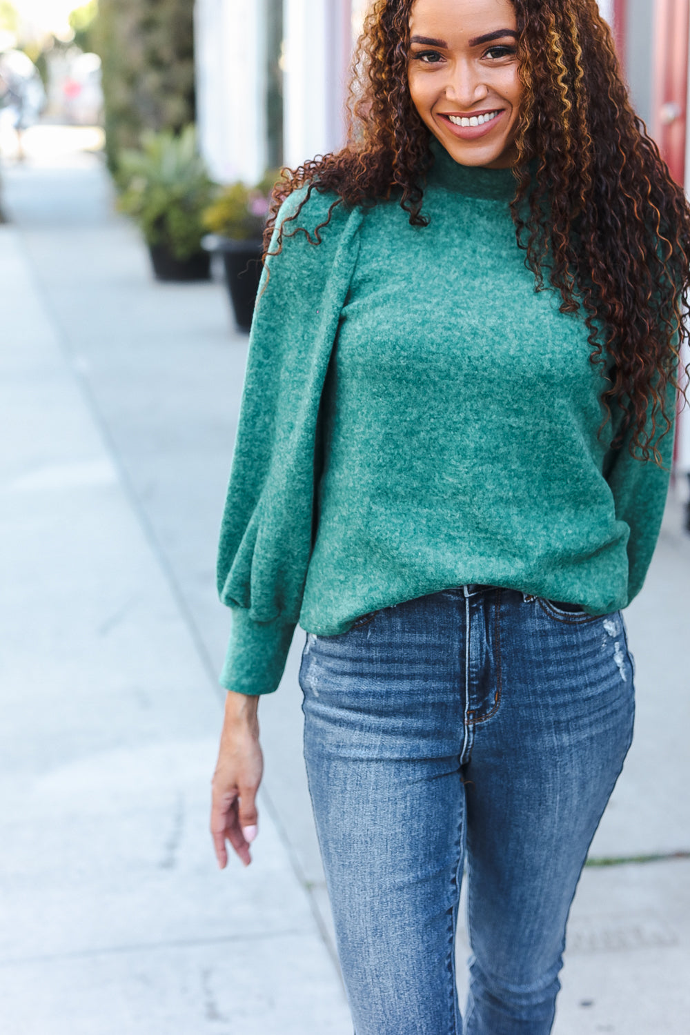 Zenana Green Brushed Melange Puff  Sleeve Sweater