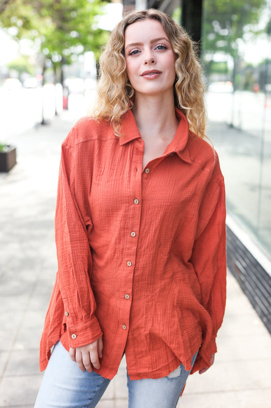 Haptics Rust Button Down Sharkbite Cotton Tunic Top