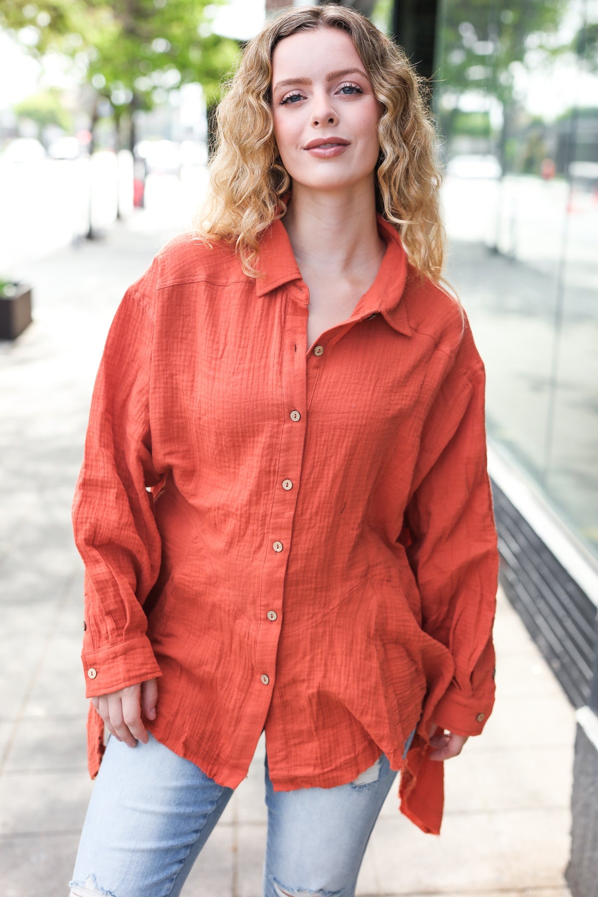 Haptics Rust Button Down Sharkbite Cotton Tunic Top