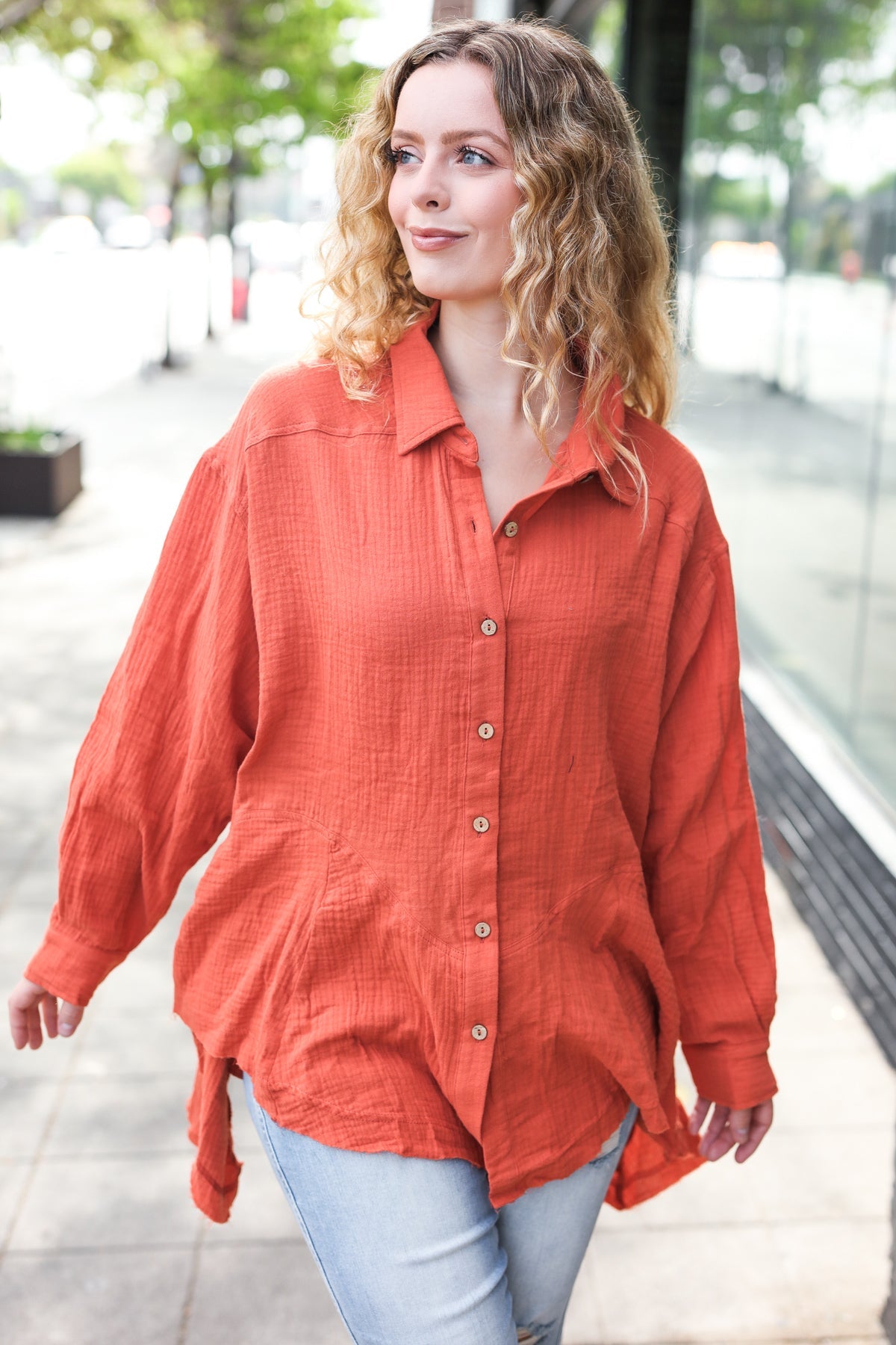 Haptics Rust Button Down Sharkbite Cotton Tunic Top