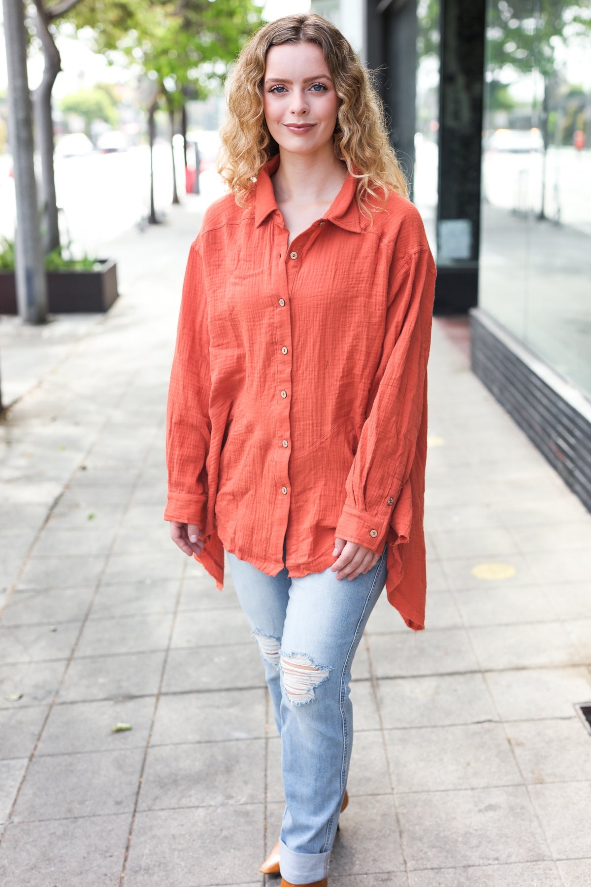 Haptics Rust Button Down Sharkbite Cotton Tunic Top