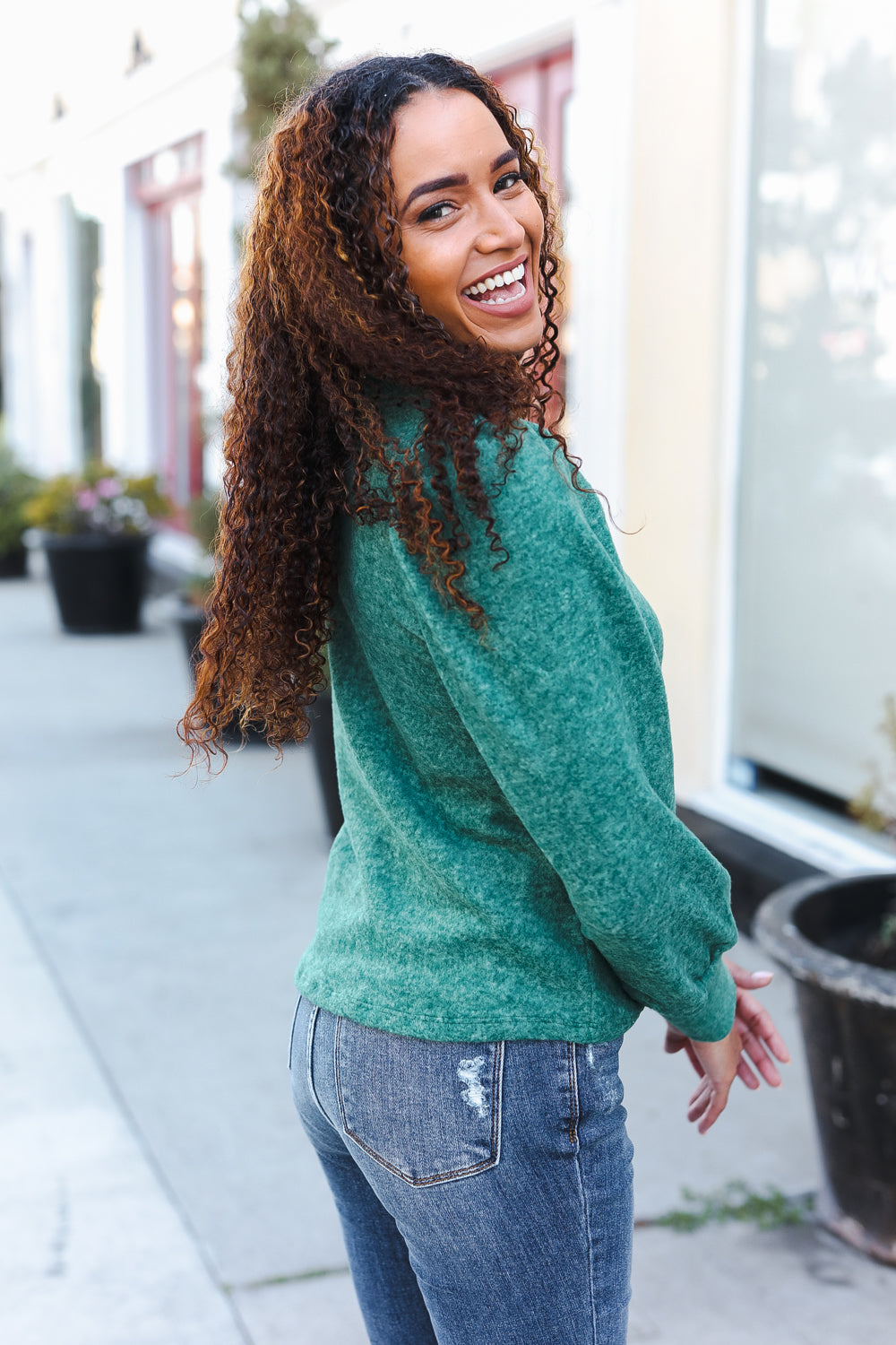 Zenana Green Brushed Melange Puff  Sleeve Sweater