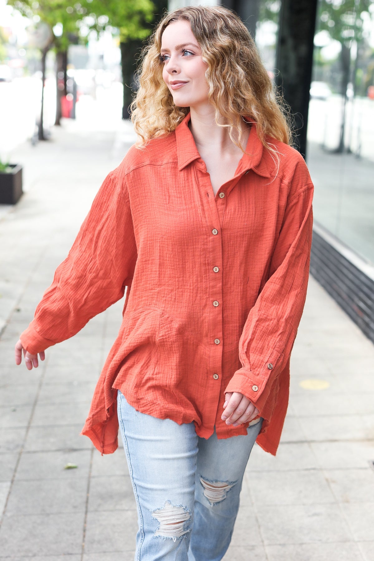 Haptics Rust Button Down Sharkbite Cotton Tunic Top