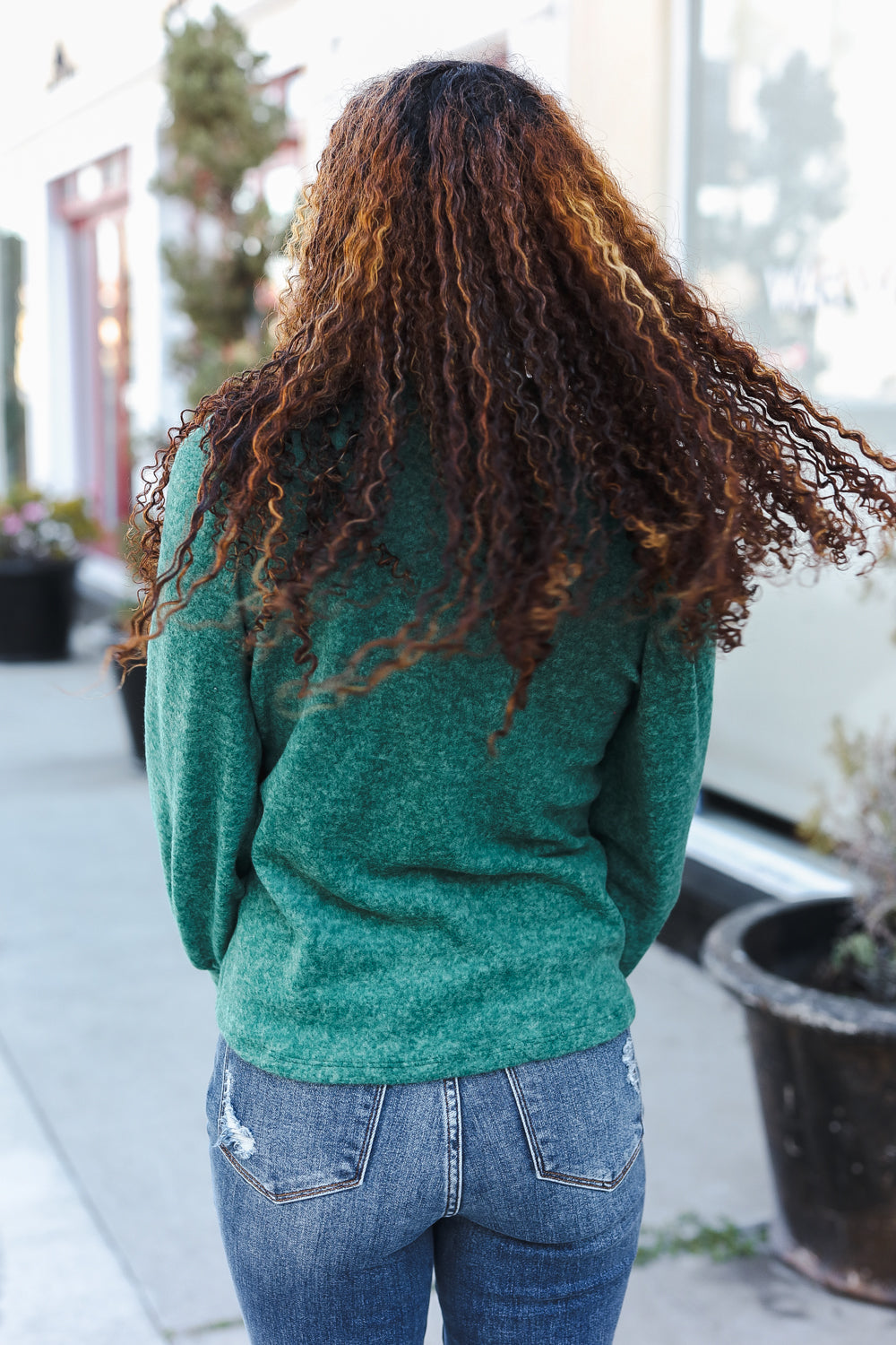 Zenana Green Brushed Melange Puff  Sleeve Sweater