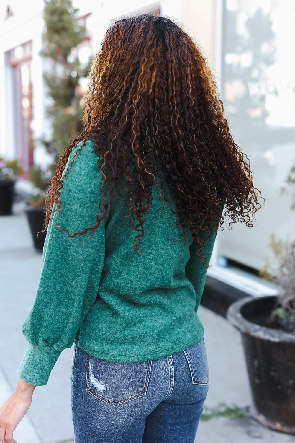 Zenana Green Brushed Melange Puff  Sleeve Sweater