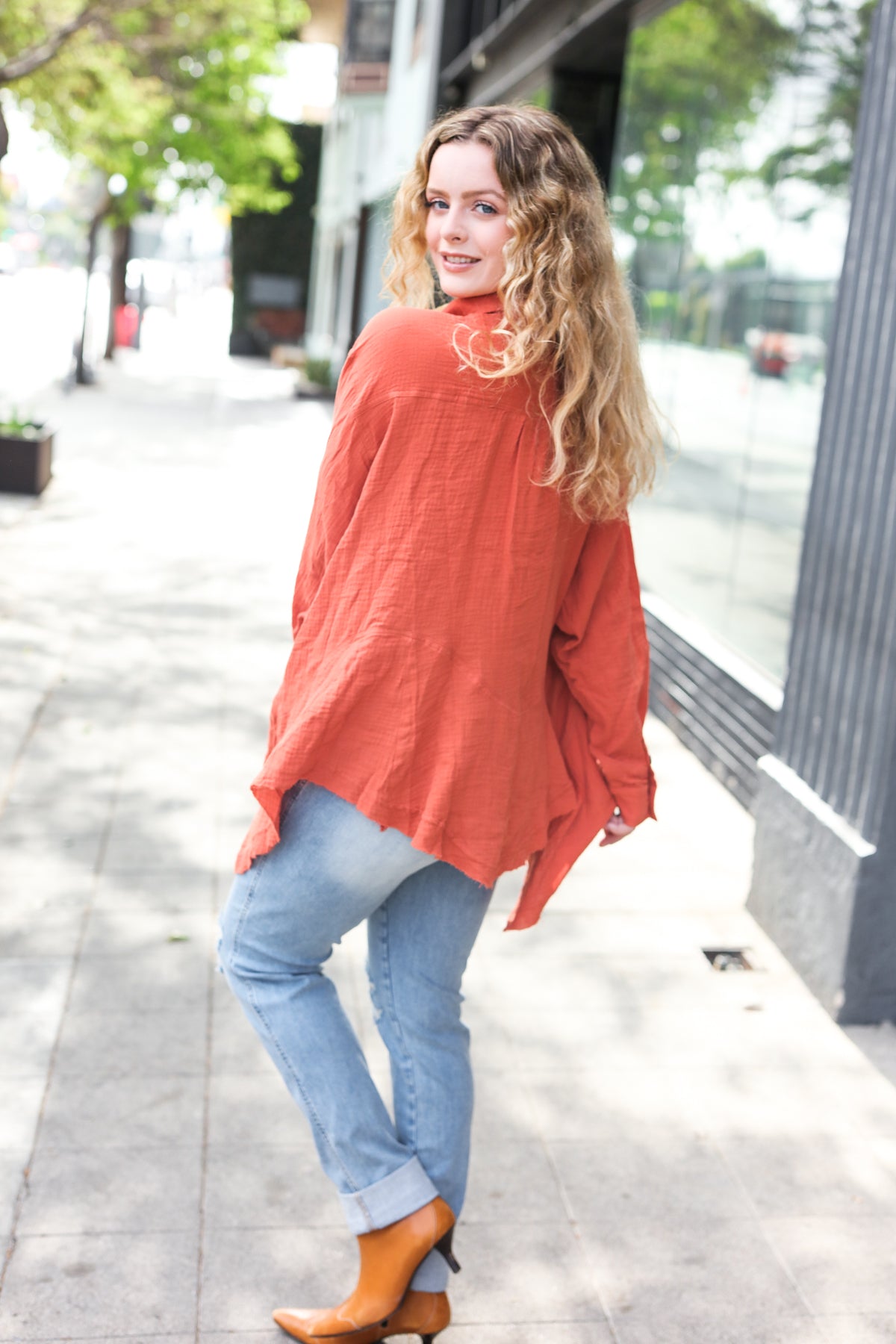 Haptics Rust Button Down Sharkbite Cotton Tunic Top