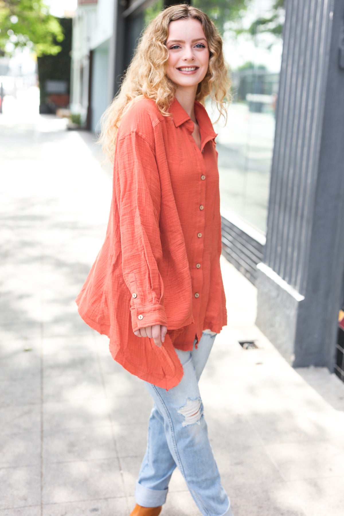 Haptics Rust Button Down Sharkbite Cotton Tunic Top