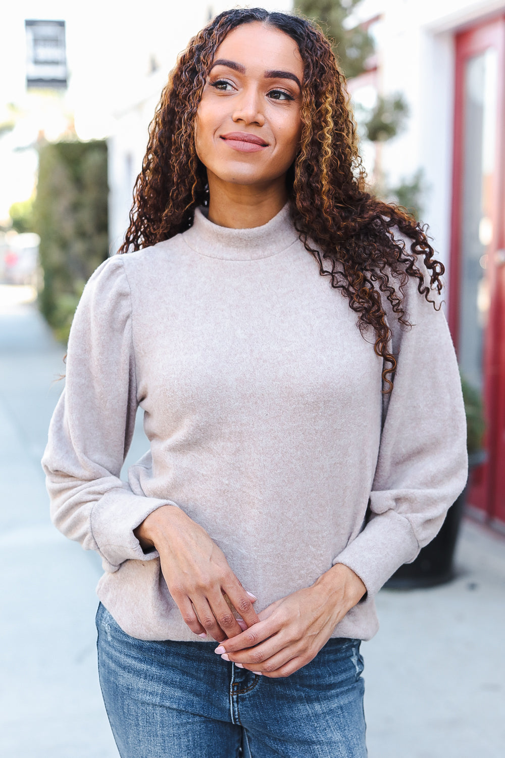 Zenana Taupe Brushed Melange Puff Short Sleeve Sweater