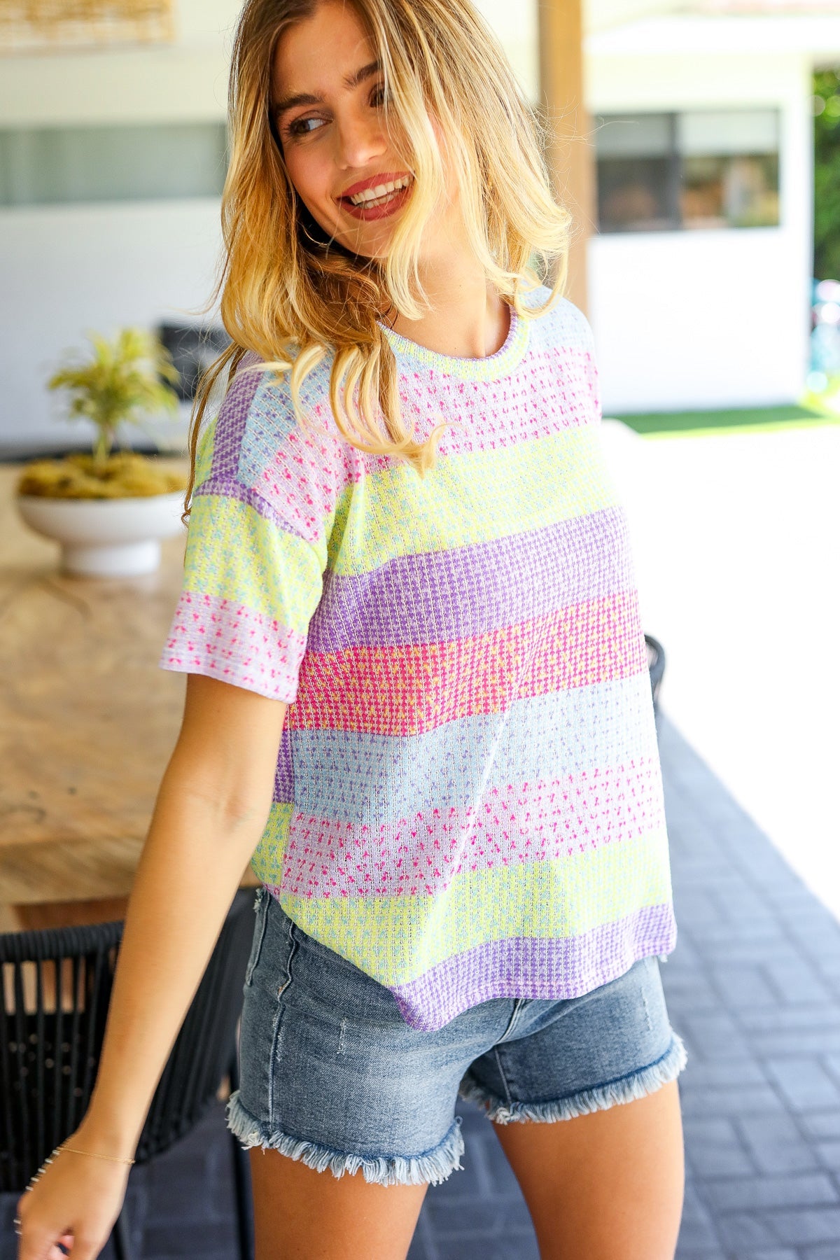 Haptics Lavender & Pink Striped Textured Waffle Knit Top