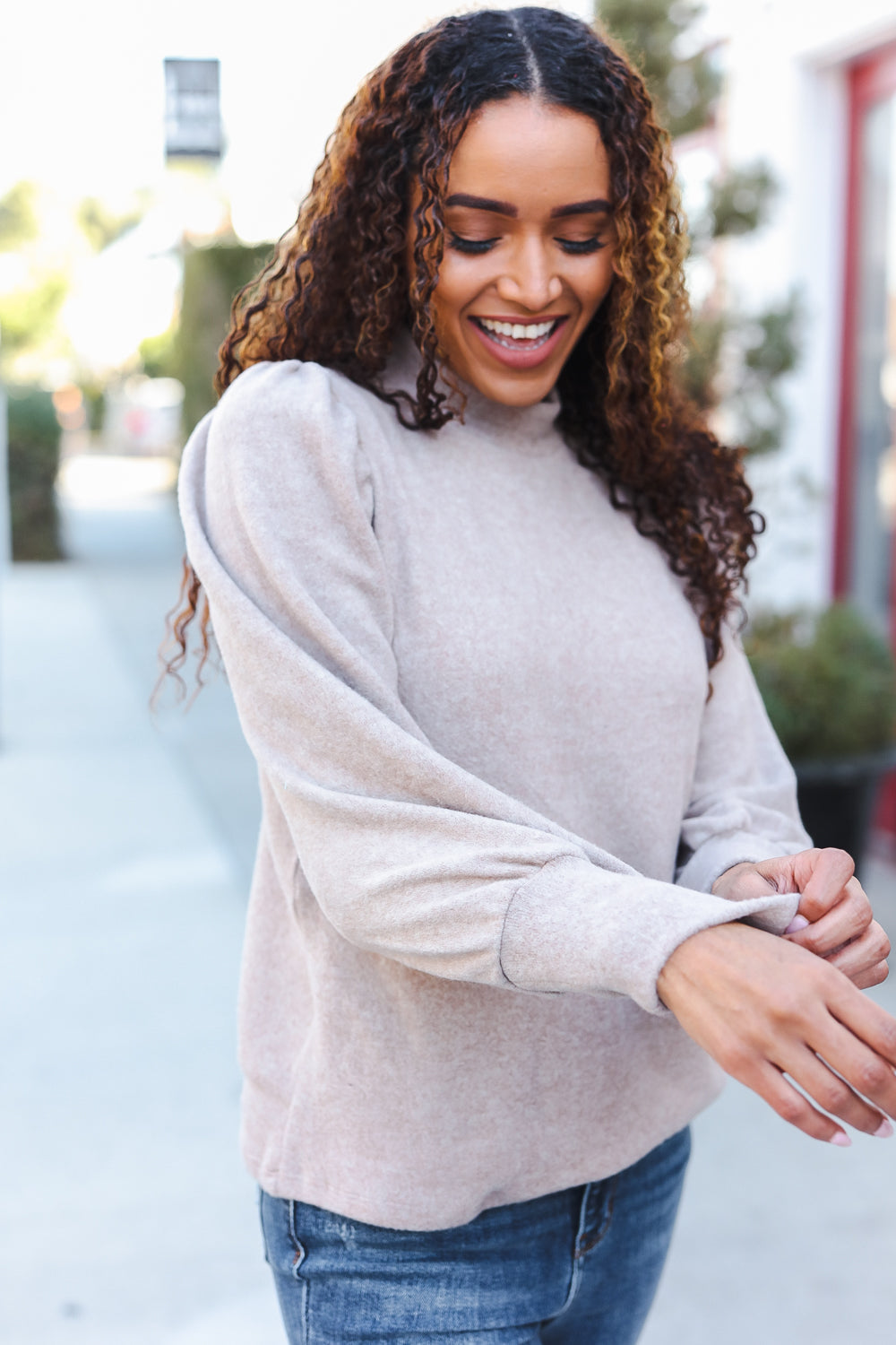 Zenana Taupe Brushed Melange Puff Short Sleeve Sweater