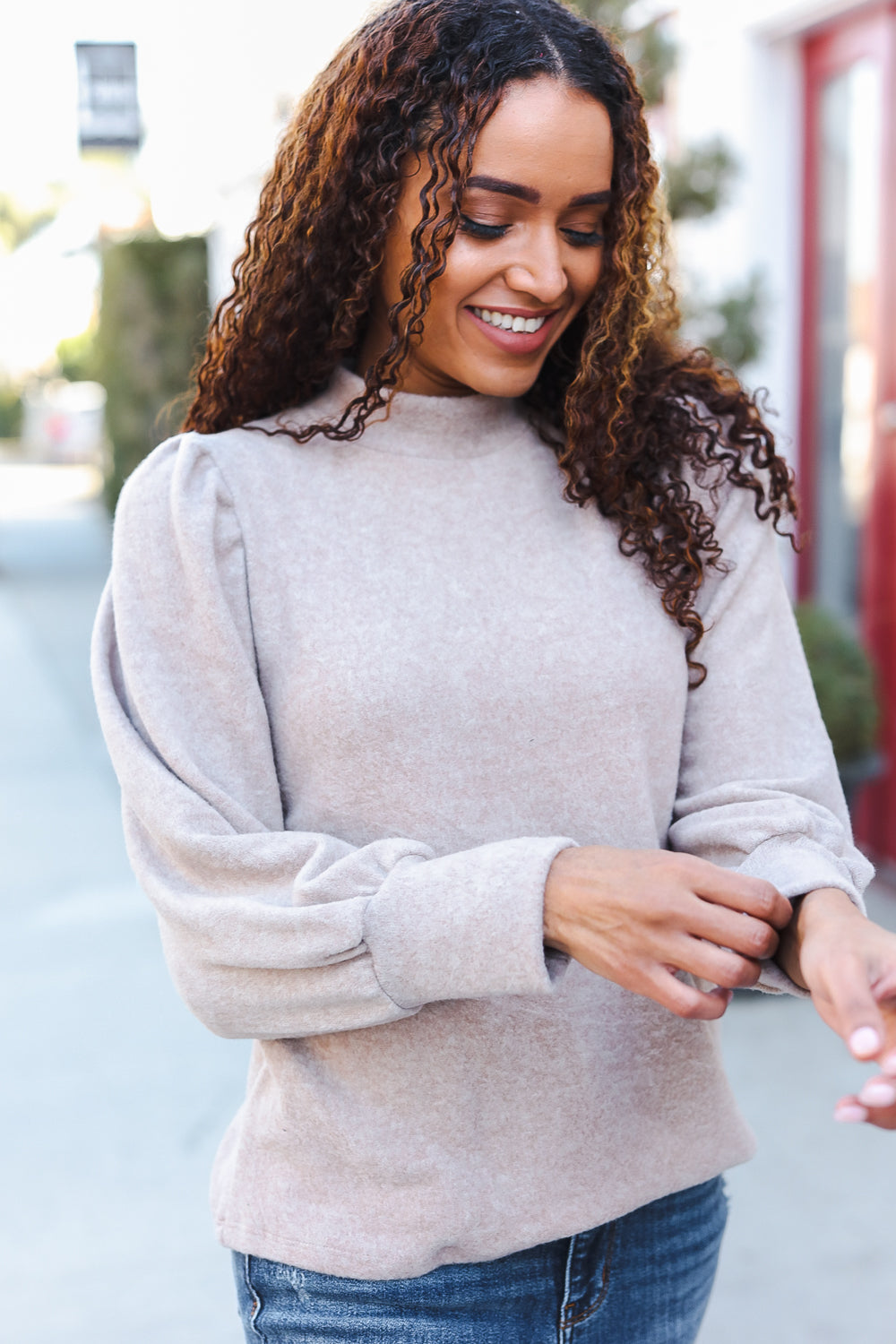 Zenana Taupe Brushed Melange Puff Short Sleeve Sweater