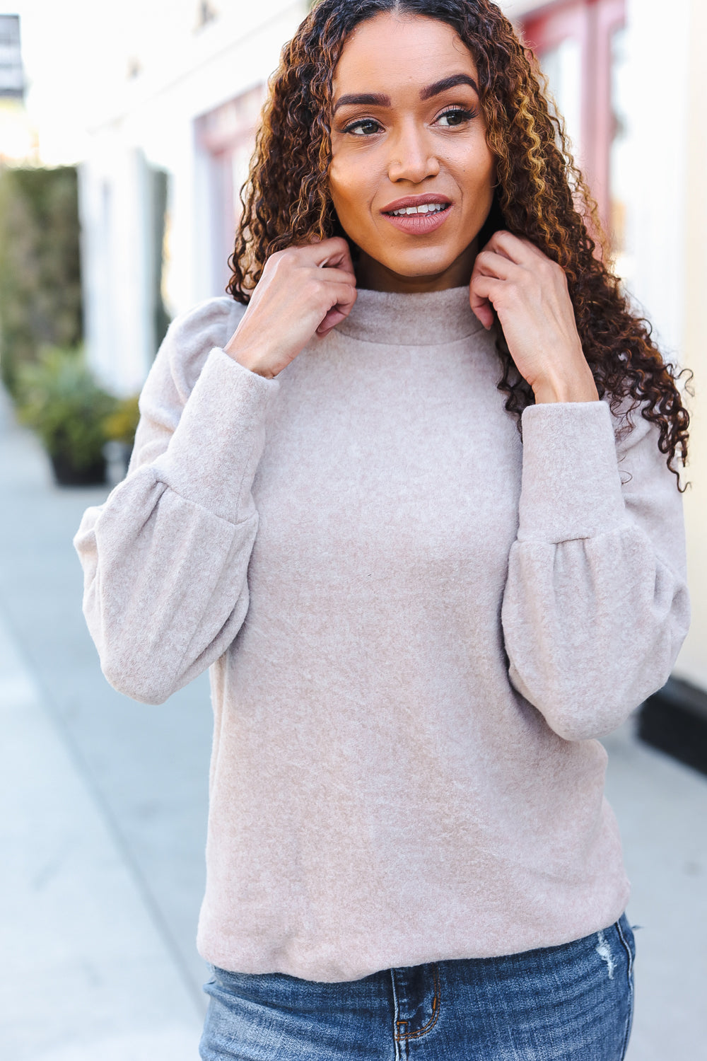 Zenana Taupe Brushed Melange Puff Short Sleeve Sweater