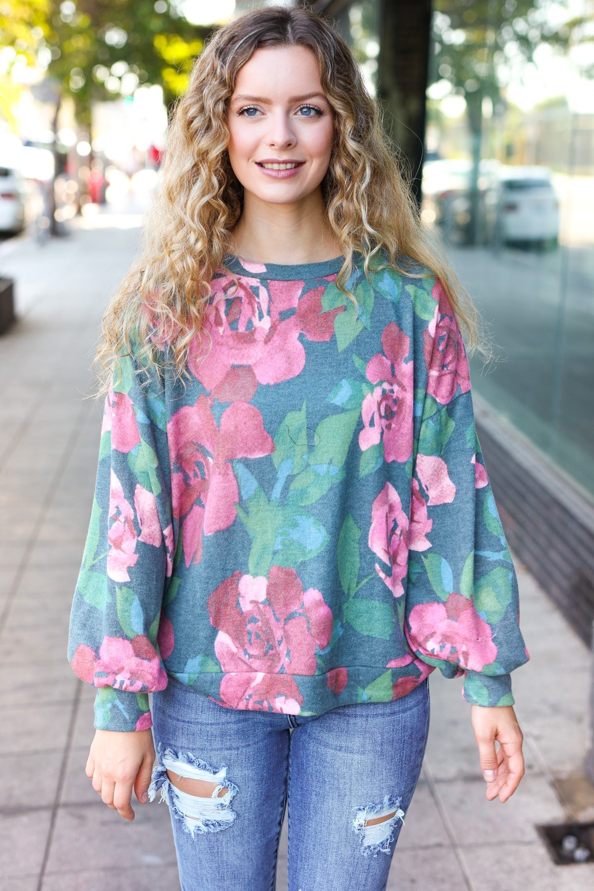 Haptics Hunter Green Floral Brushed Hacci Sweater Top