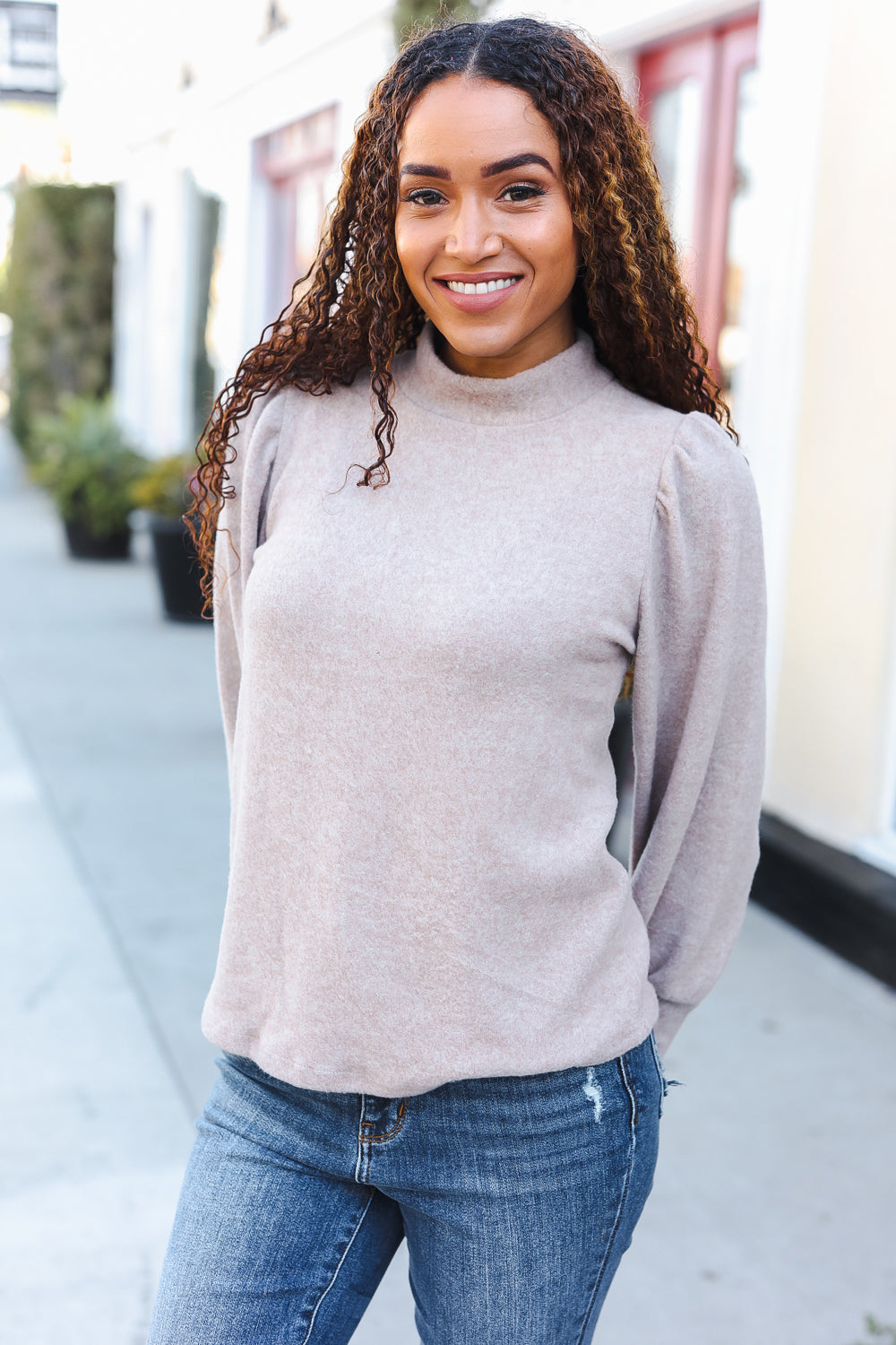 Zenana Taupe Brushed Melange Puff Short Sleeve Sweater