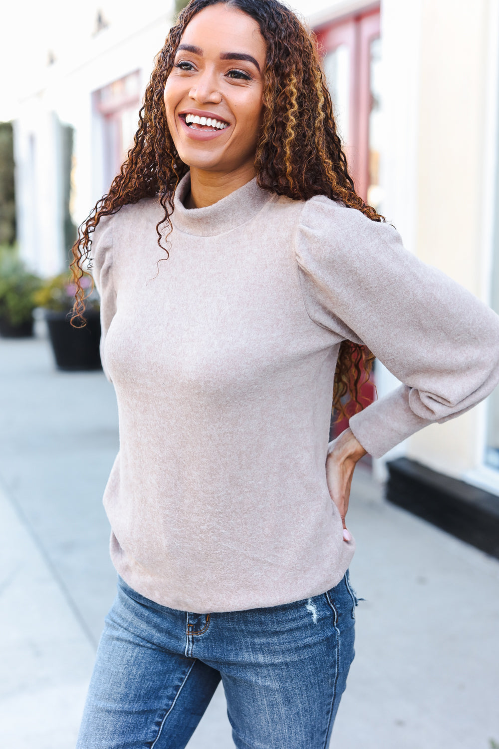 Zenana Taupe Brushed Melange Puff Short Sleeve Sweater