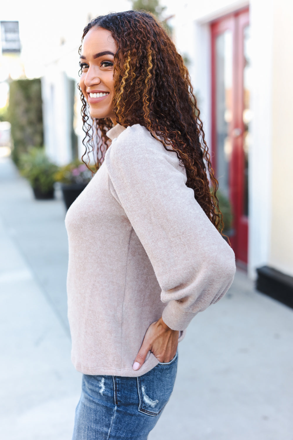 Zenana Taupe Brushed Melange Puff Short Sleeve Sweater