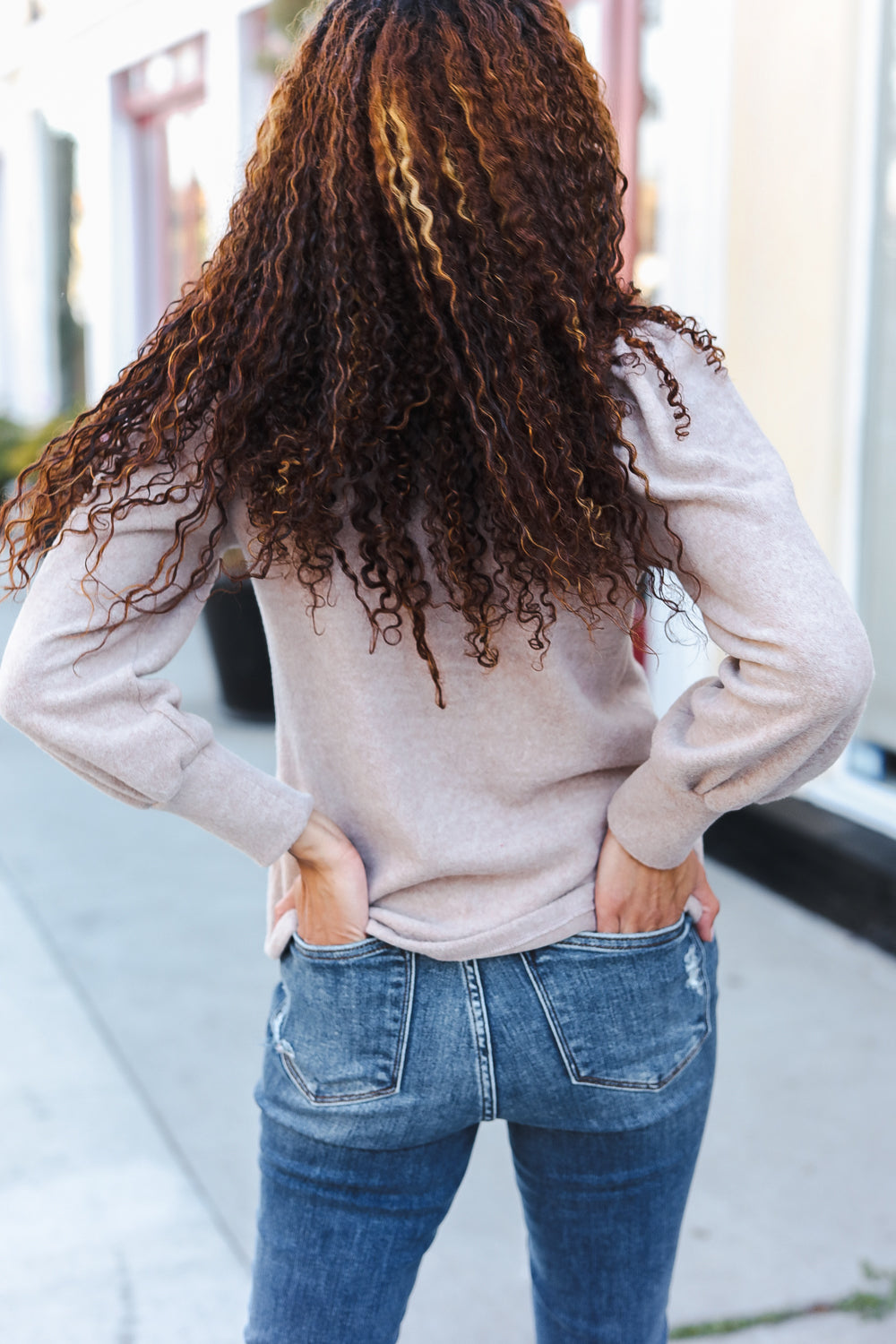 Zenana Taupe Brushed Melange Puff Short Sleeve Sweater