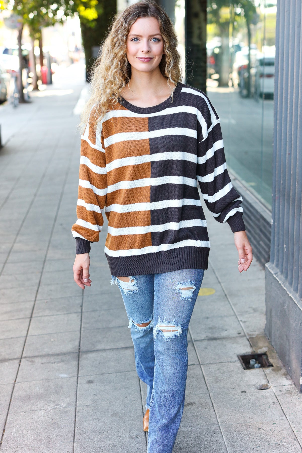 Haptics Camel & Charcoal Striped Color Block Sweater