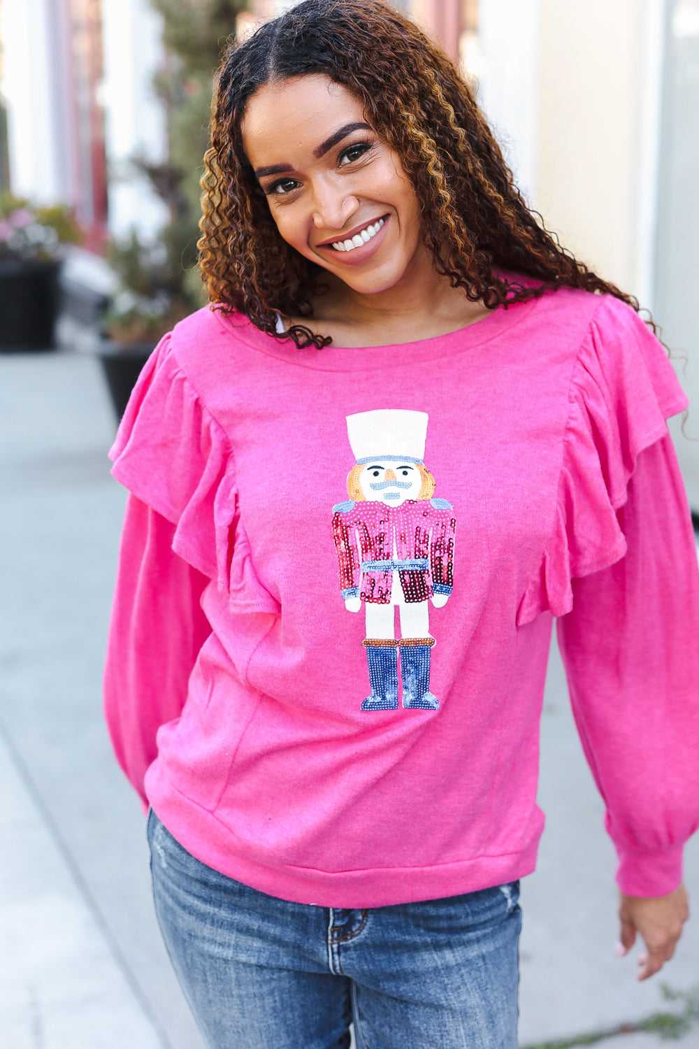 Haptics Hot Pink Sequin Nutcracker Ruffle Hacci Sweater