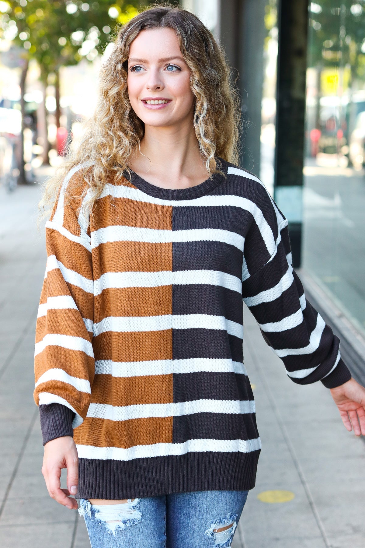 Haptics Camel & Charcoal Striped Color Block Sweater