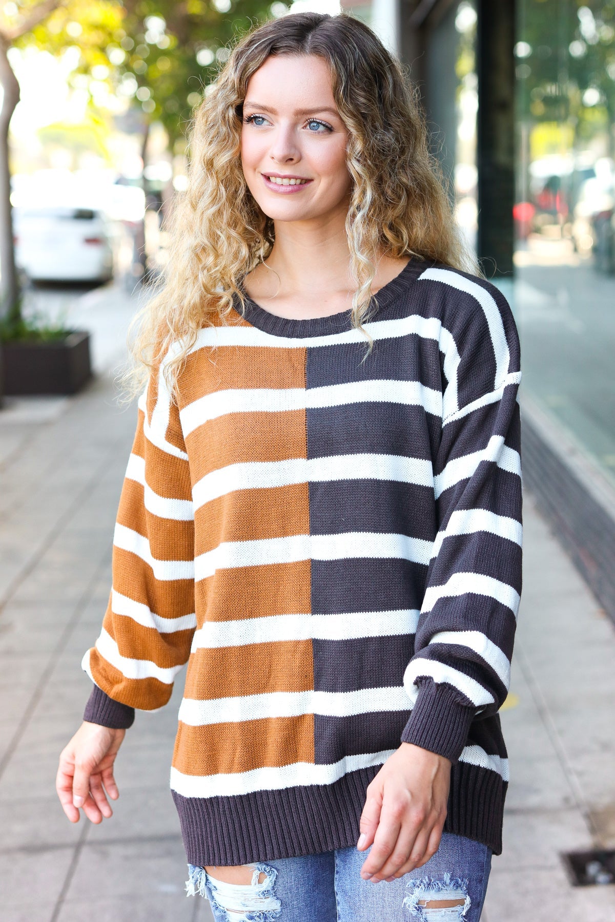 Haptics Camel & Charcoal Striped Color Block Sweater