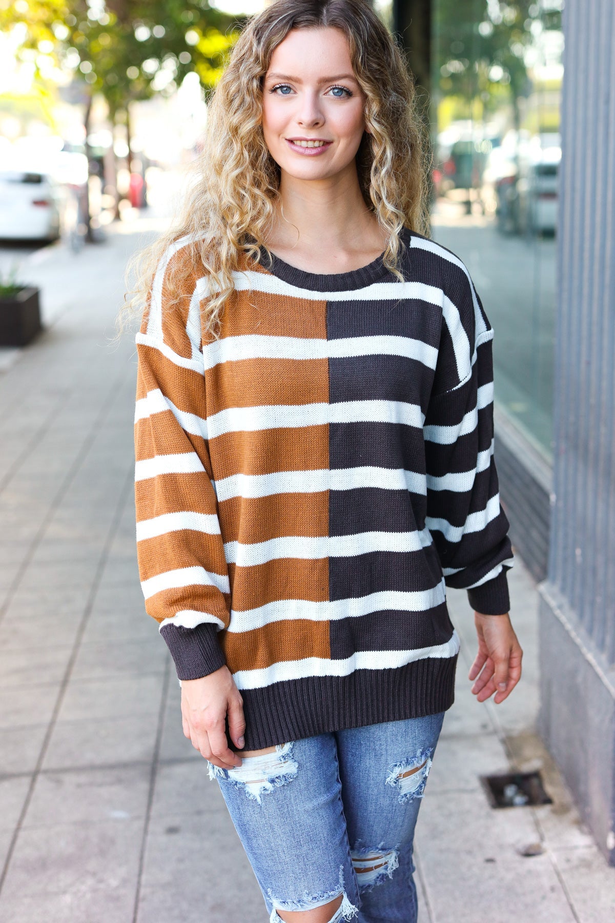 Haptics Camel & Charcoal Striped Color Block Sweater