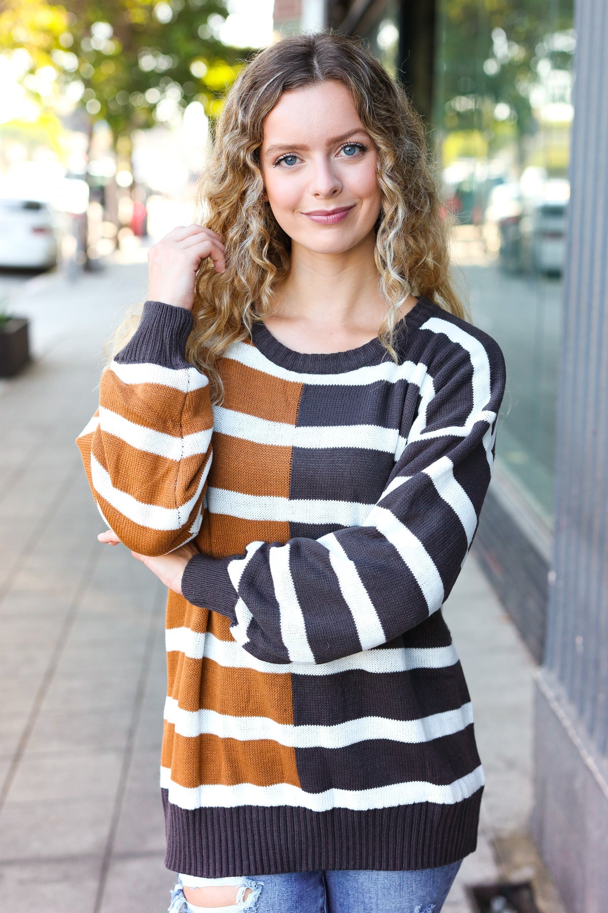 Haptics Camel & Charcoal Striped Color Block Sweater