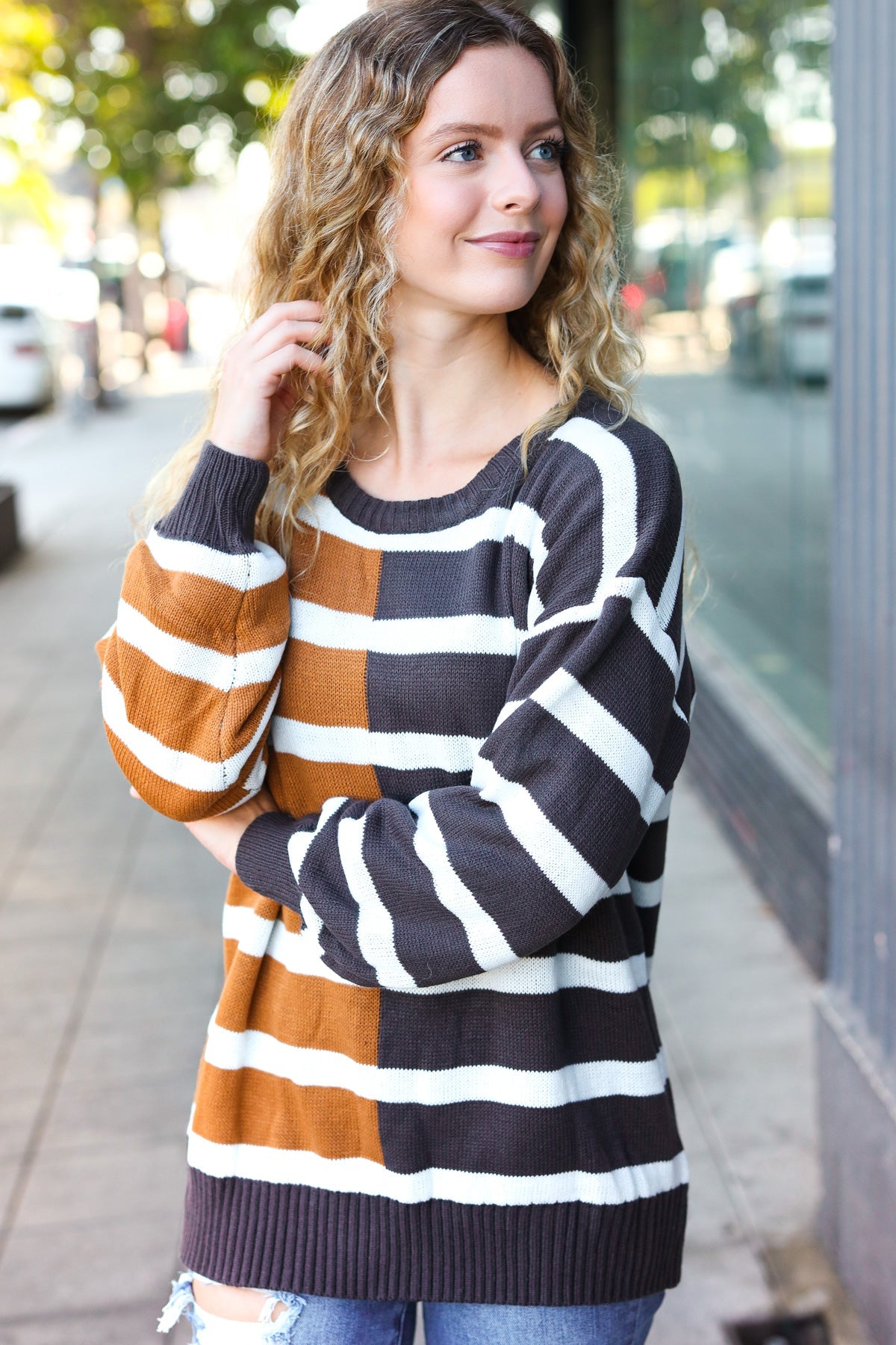 Haptics Camel & Charcoal Striped Color Block Sweater