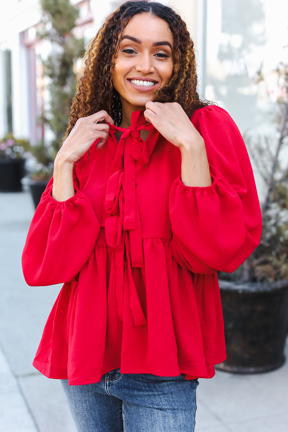 Haptics Red Ribbon Bow Tie Babydoll Woven Top