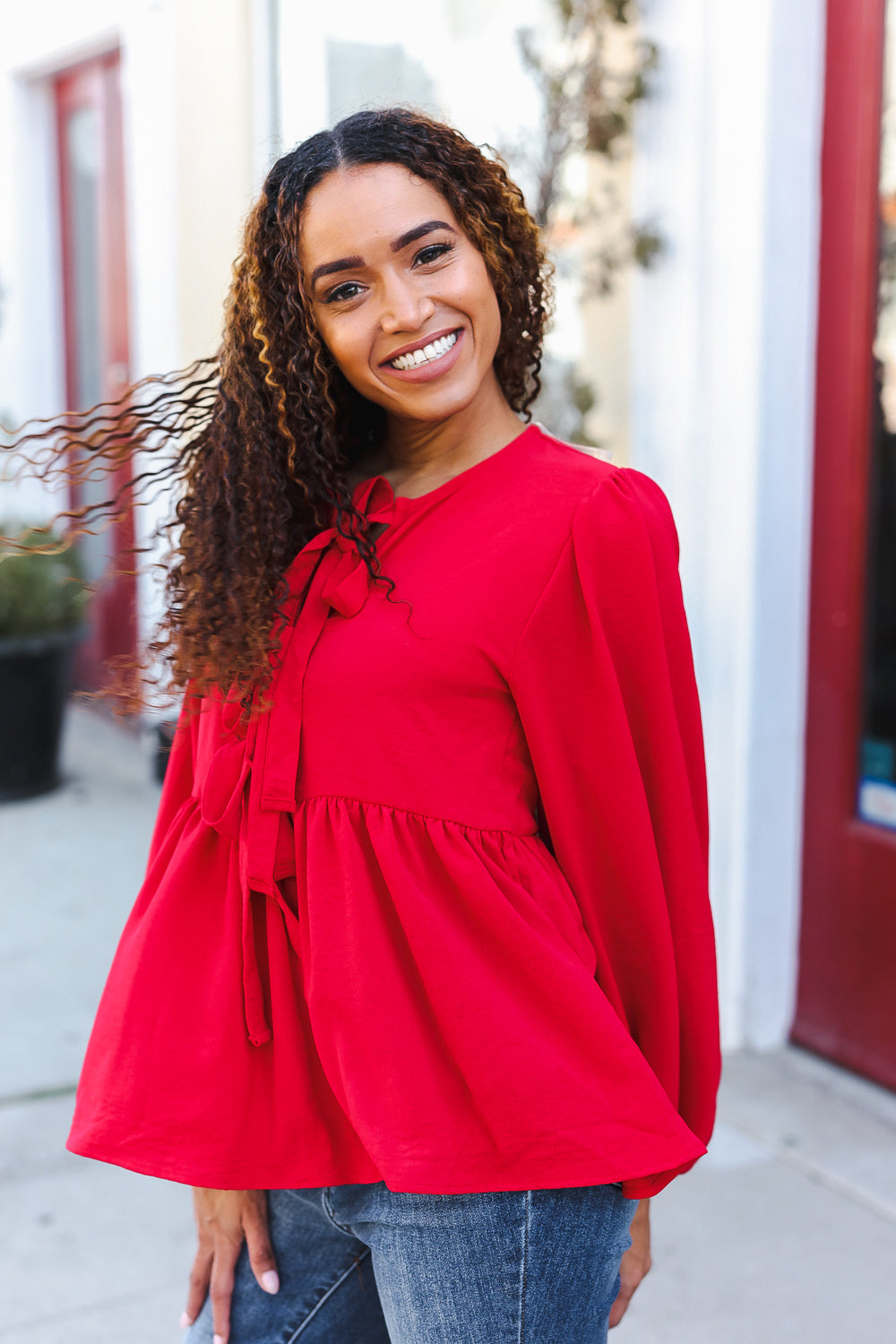 Haptics Red Ribbon Bow Tie Babydoll Woven Top