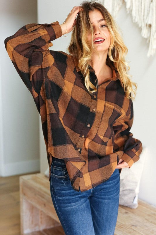 Haptics Camel & Charcoal Button Down Oversized Shirt