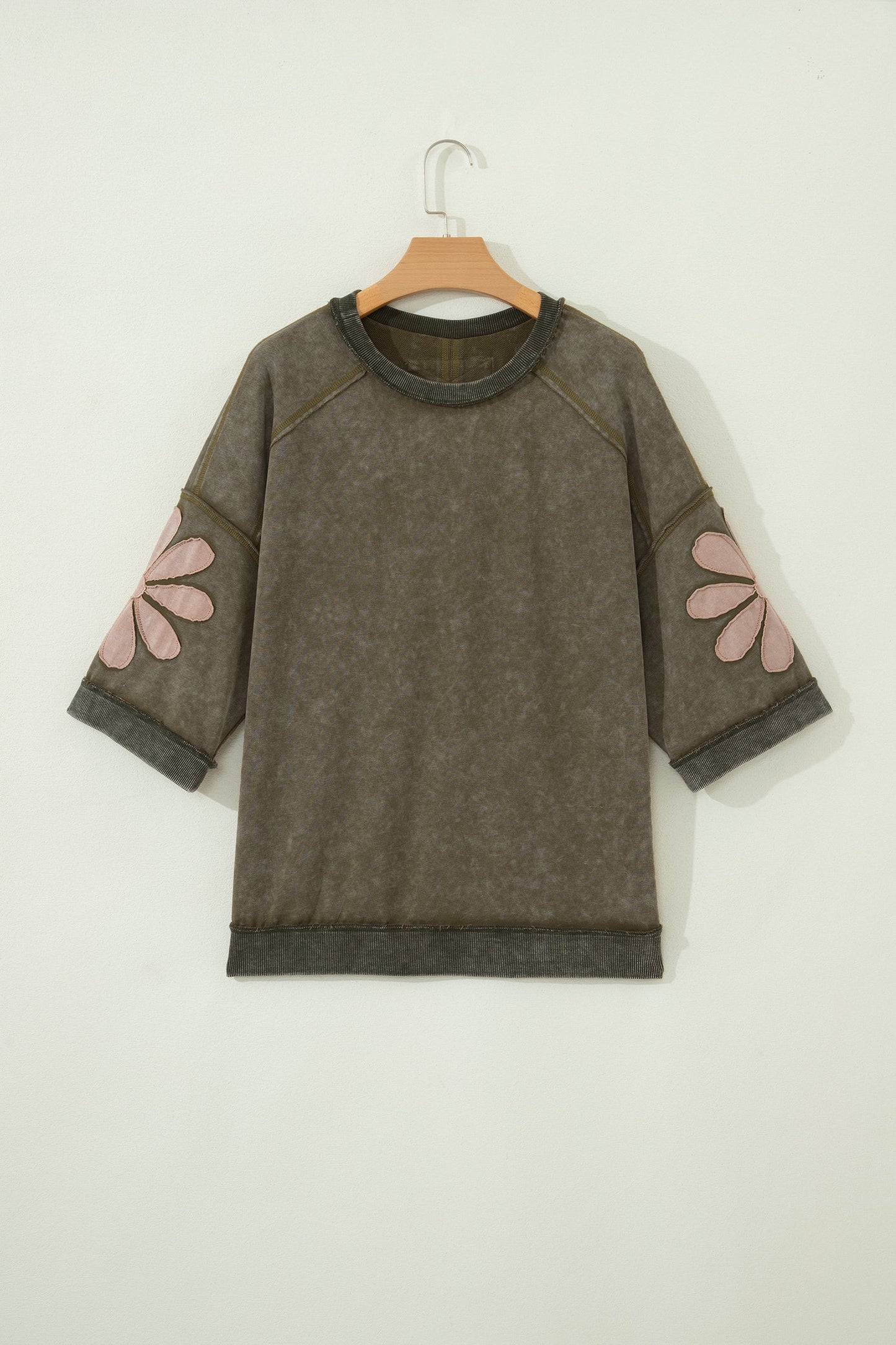 floral patchwork mineral wash exposed seam top in green tone for women