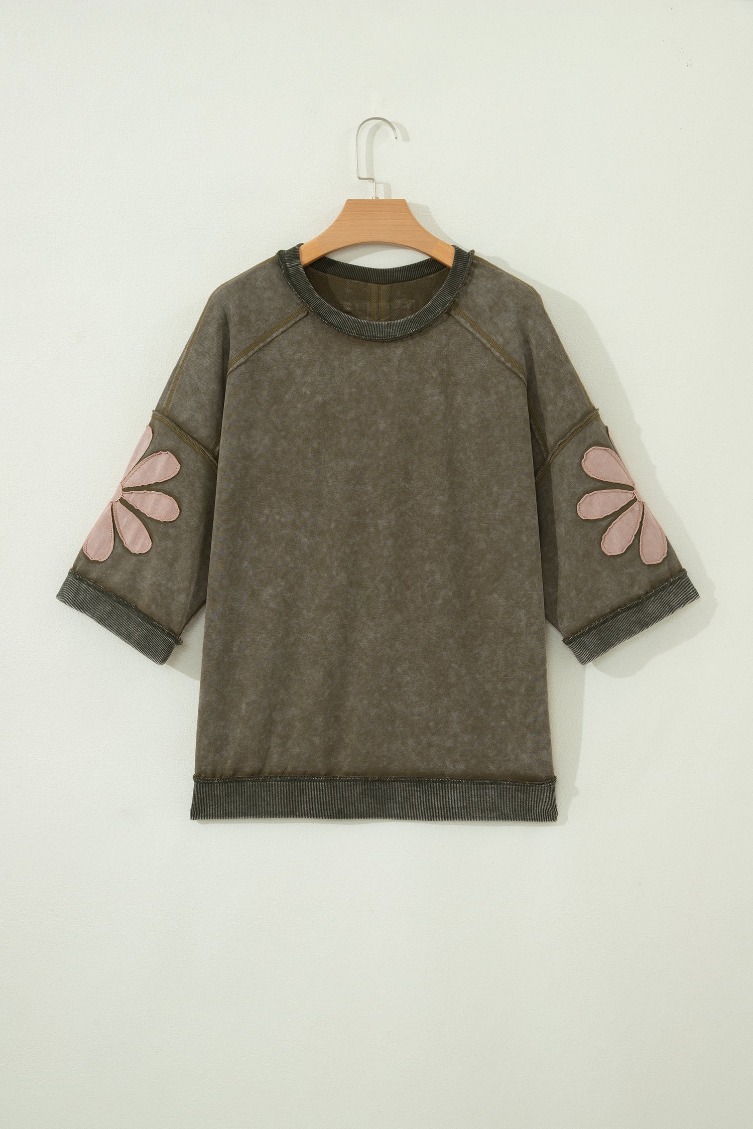 floral patchwork mineral wash exposed seam top in green tone for women