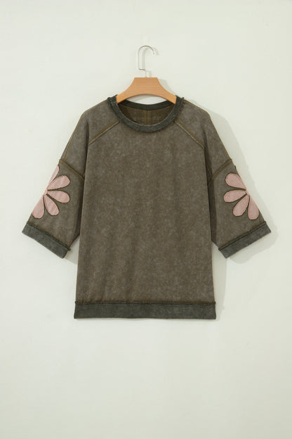 floral patchwork mineral wash exposed seam top in green tone for women