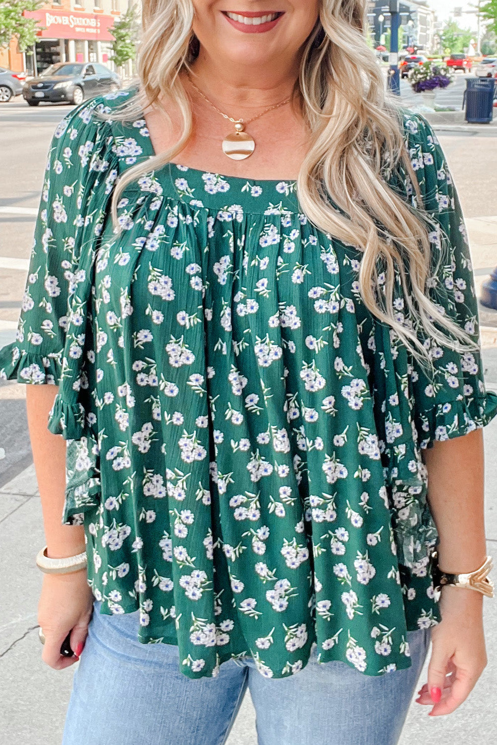 Adelynn Square Ruffled Trim PLUS Blouse boutique clothing from Mollie Mae Boutique