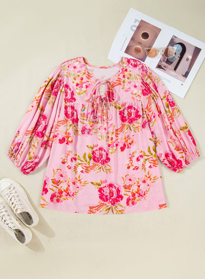 Plus Size Floral Tie V-Neck Puff Sleeve Top