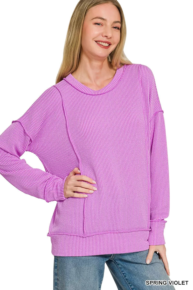 Zenana Corded Rib Long Sleeve Round Neck Top boutique fashion apparel with stylish details and comfortable fit