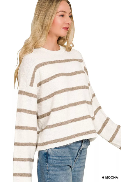 Mocha wool blend striped sweater with horizontal stripes, long sleeves, relaxed boutique style view 2