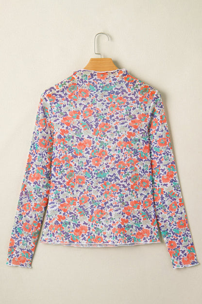Blue Floral Mesh Long Sleeve Mock Neck Top with floral detail and mesh texture women's boutique fashion