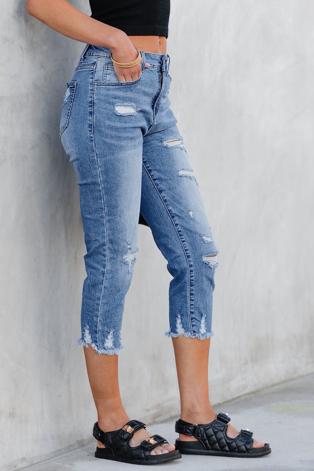 Georgia distressed skinny capri jeans in sky blue washed denim for women