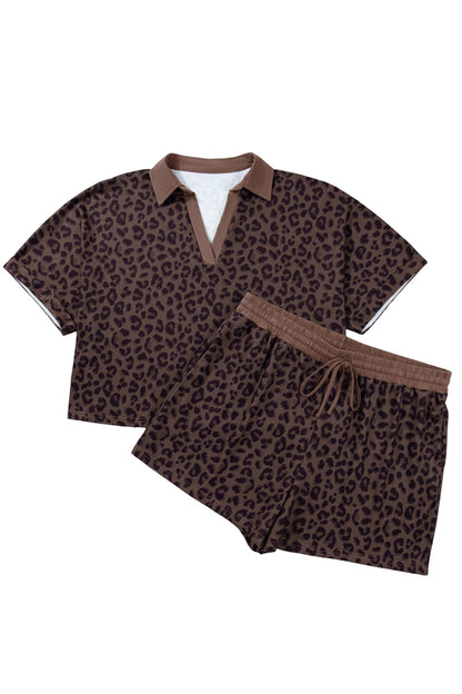 Plus Size Leopard Collared Top & Drawstring Shorts Set