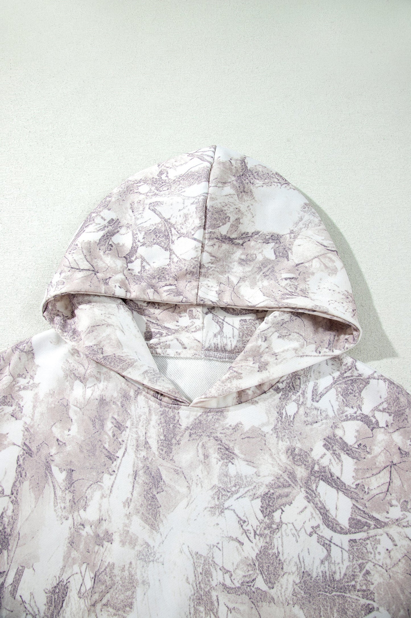 Gray Abstract Camo Ribbed Trim Kangaroo Pocket Hoodie with camo print and kangaroo pocket women's boutique fashion