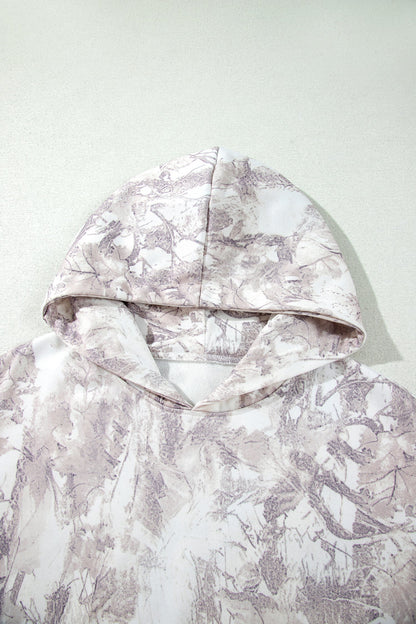 Gray Abstract Camo Ribbed Trim Kangaroo Pocket Hoodie with camo print and kangaroo pocket women's boutique fashion