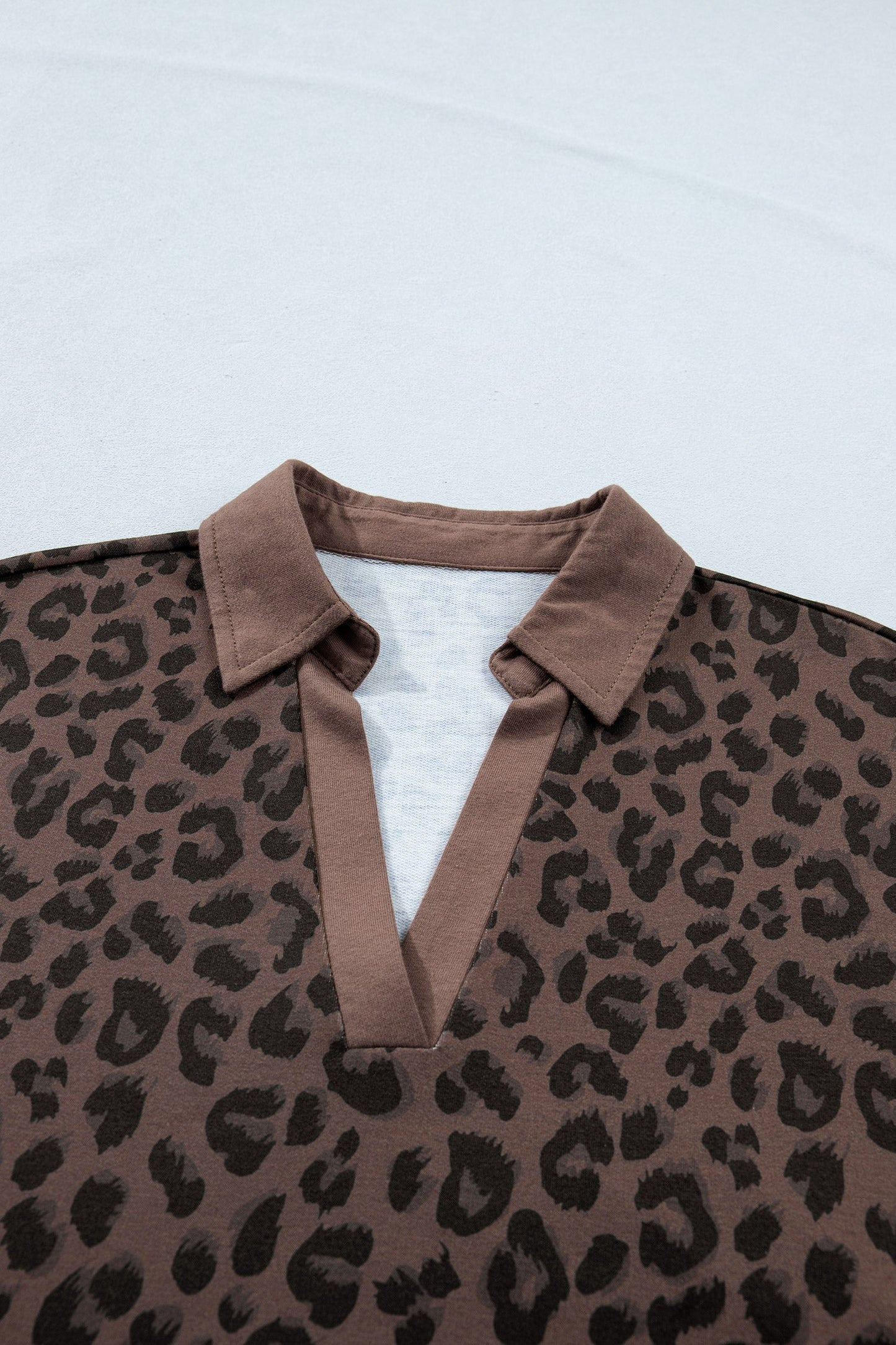 brown leopard contrast collar v-neck mini dress for women