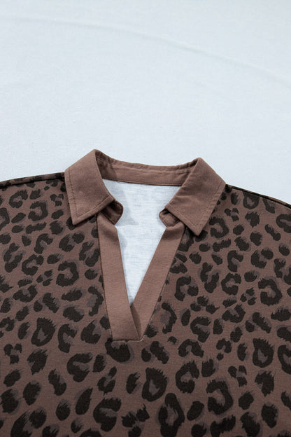 brown leopard contrast collar v-neck mini dress for women