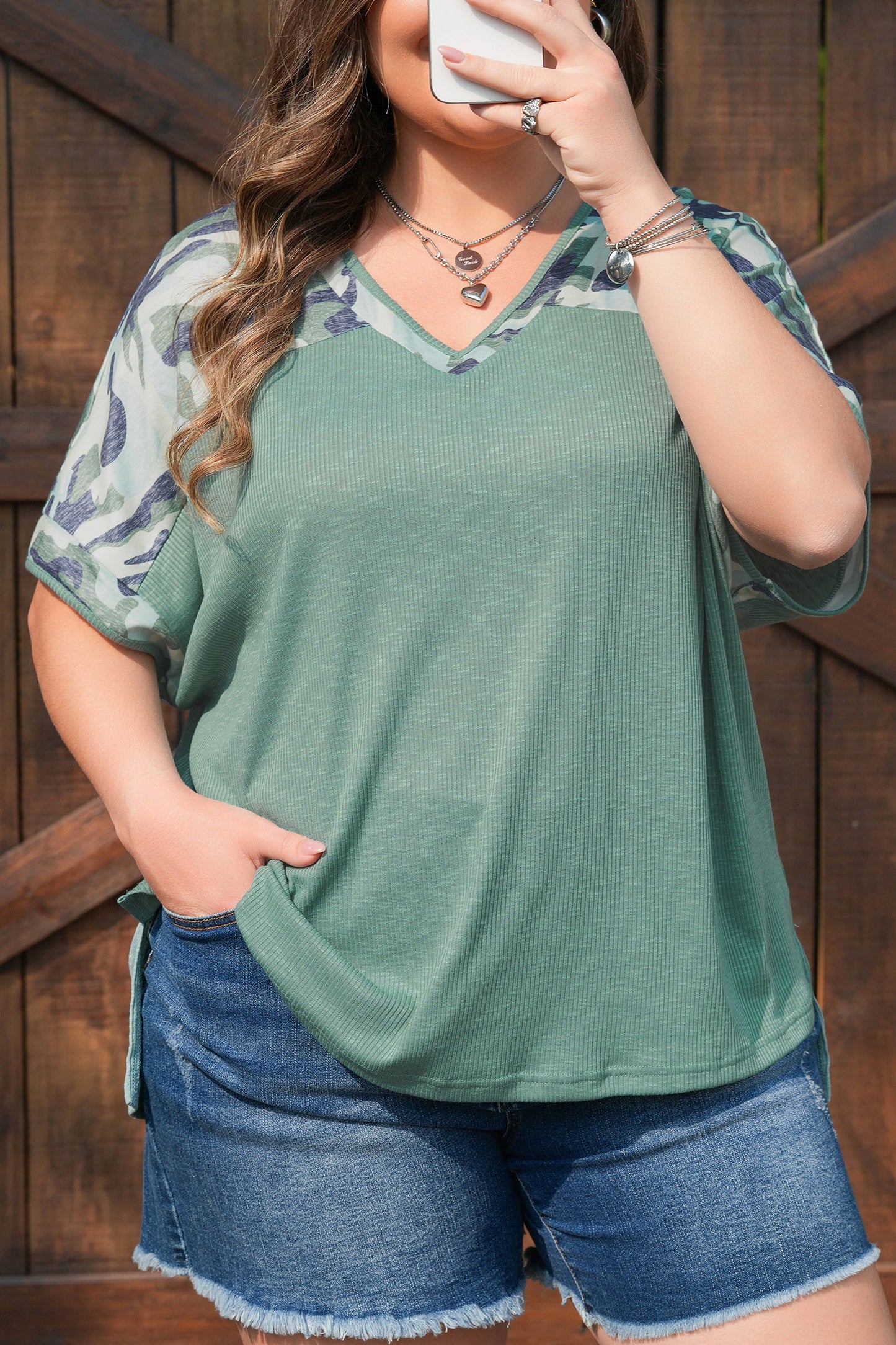 Mazie Mist Ribbed Patchwork PLUS Tee boutique clothing from Mollie Mae Boutique