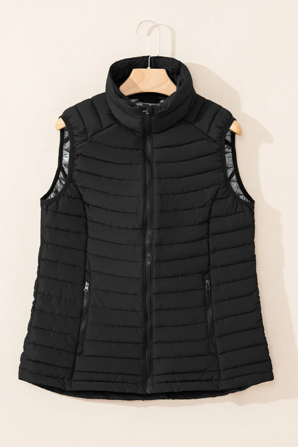 black plush stand collar zip-up puffer vest boutique outerwear