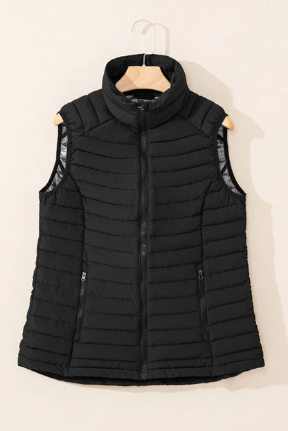 black plush stand collar zip-up puffer vest boutique outerwear