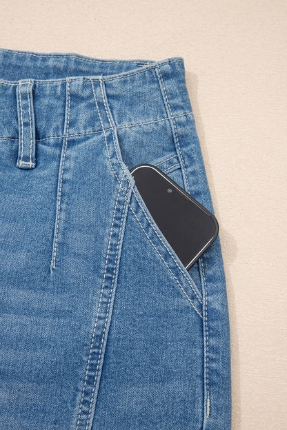 Sky Blue medium wash high waist barrel leg jeans with medium wash denim, high waist and relaxed barrel-leg silhouette, women’s boutique fashion