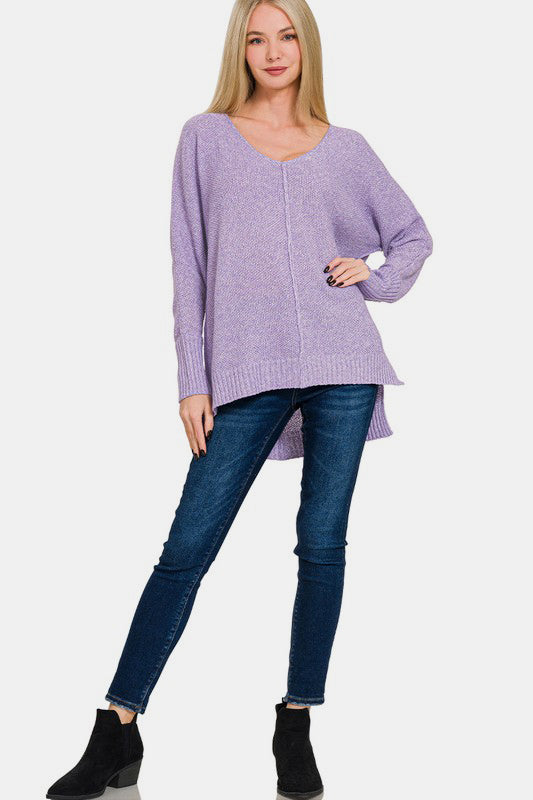 Zenana High-Low Center Seam V-Neck Sweater